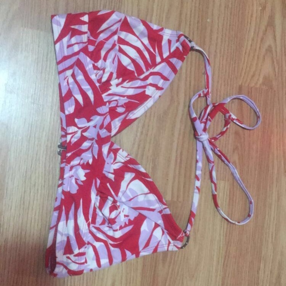 red, purple, and white bikini halter top